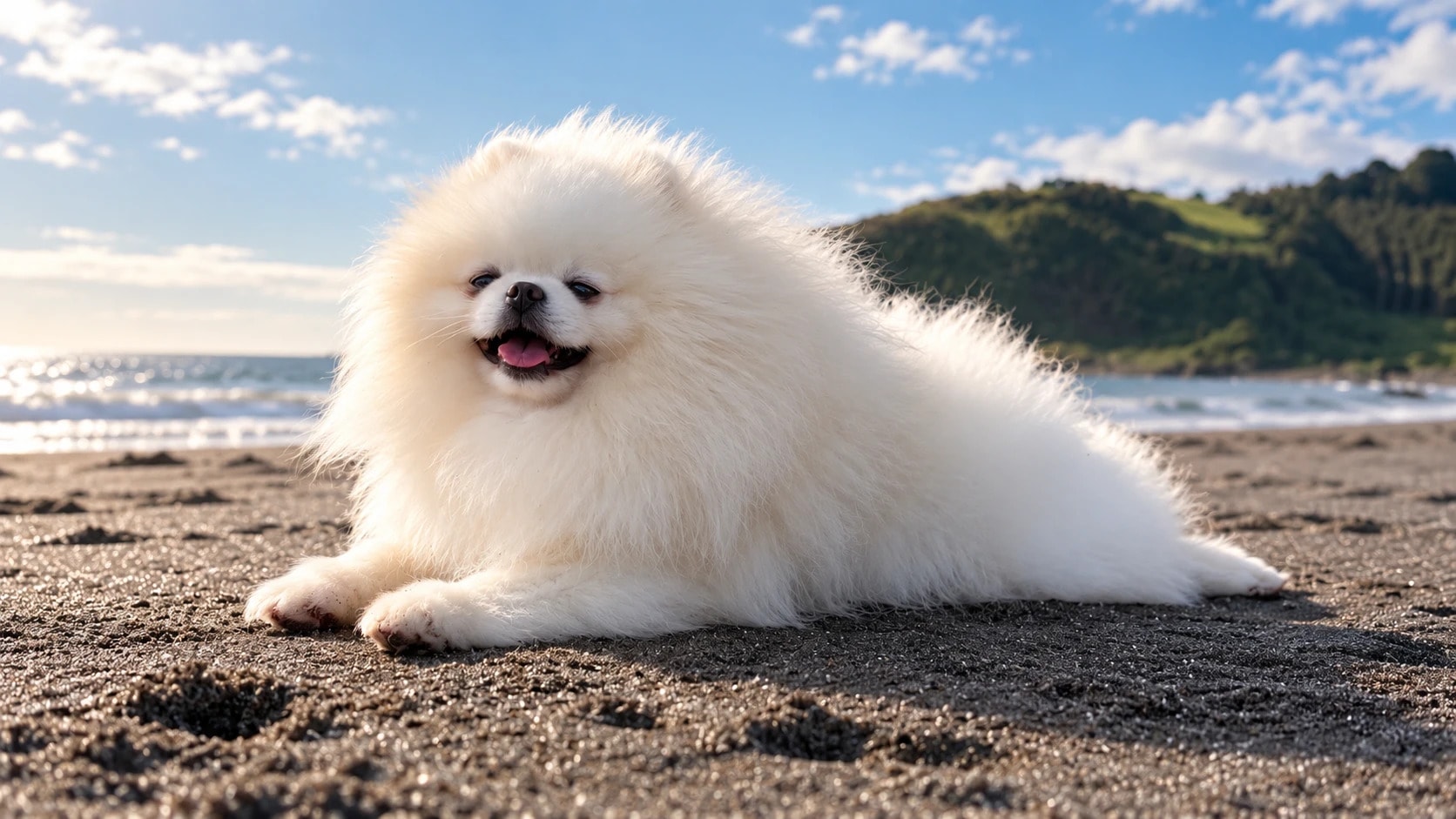 Pomerania blanco recostado en una playa de arena oscura, con el mar y un cerro verde detrás